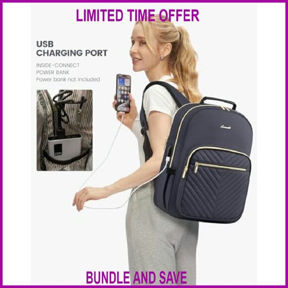 Quilted Laptop Backpack with USB Port, 15.6 Inch, Large Capacity main image 6